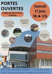 Poster pour la journée Portes Ouvertes du collège Jacques Prévert, à Chambly (60230).